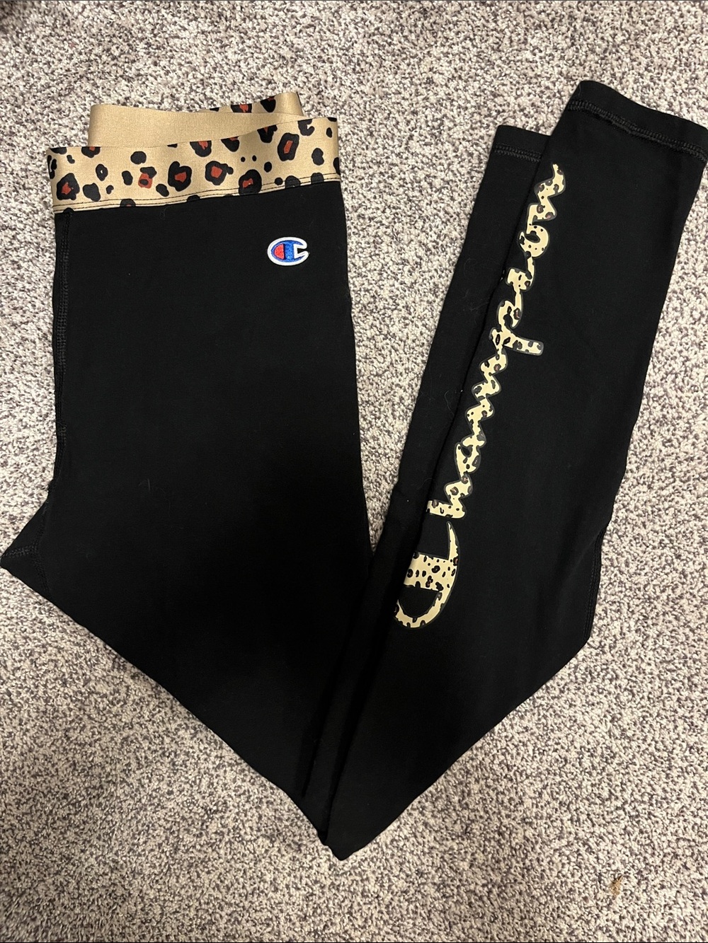 Women’s Champion Black Leggings with Leopard Print Waistband and Script